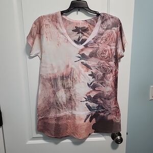 Essentials Rose Print V-Neck Top - Pink and Brown